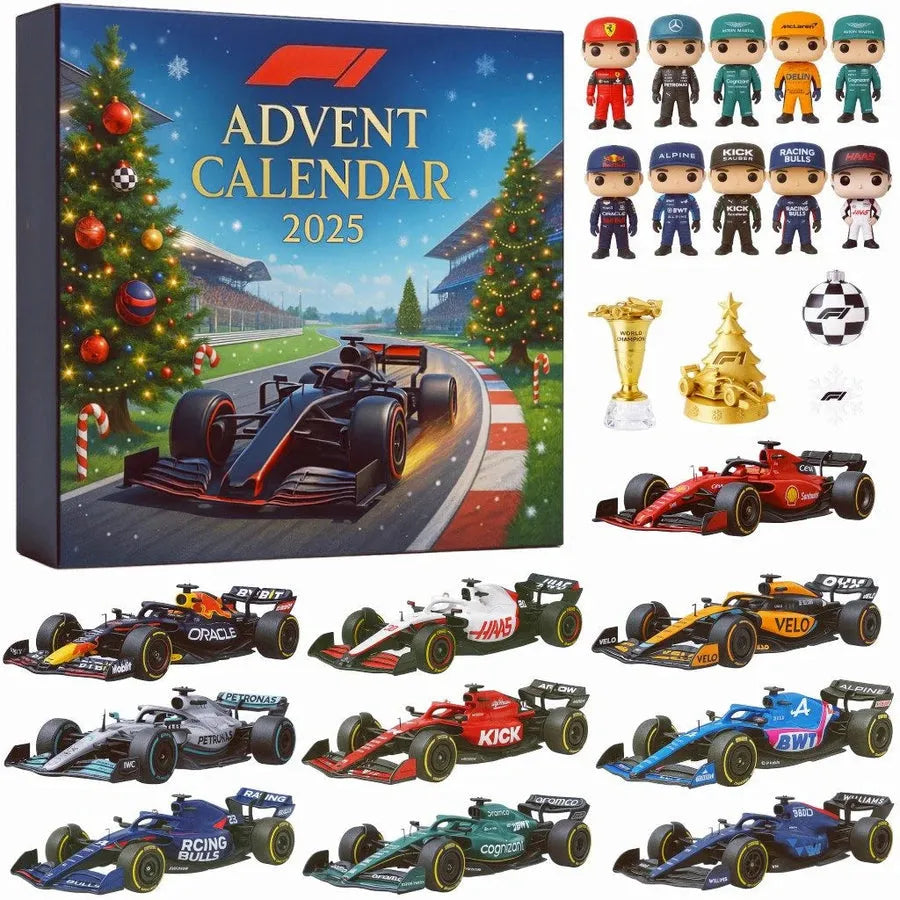 Calendario de Adviento 2025: Pilotos y Coches de Carreras. Colección automovilismo, regalo de Navidad perfecto para fans.