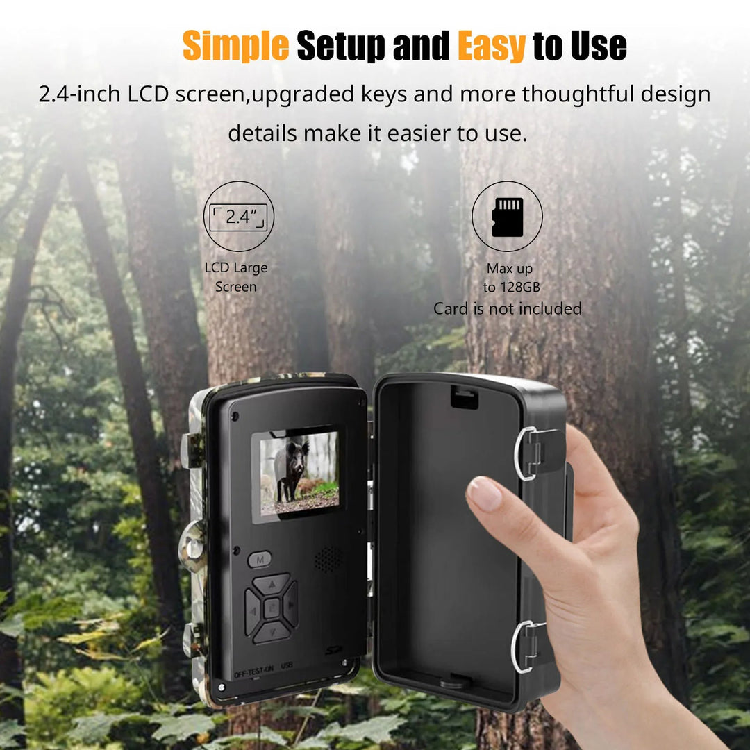 Detalles de la cámara de caza 1080P Full HD, robusta IP66 para monitoreo exterior y vida silvestre.