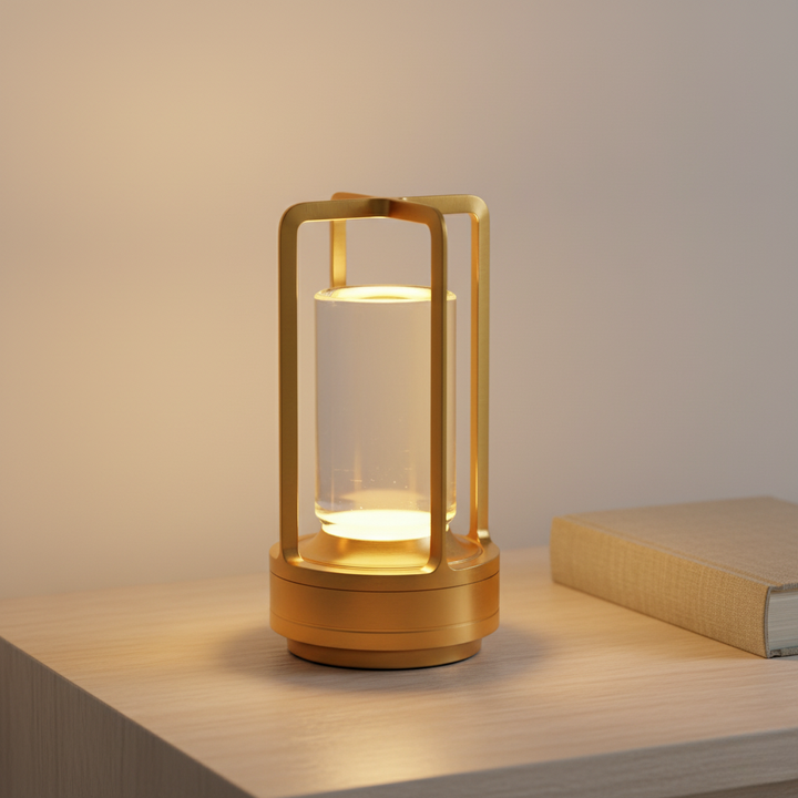 Linterna LED portátil con efecto vela cálido, ideal para decoración de ambiente en interiores y exteriores.