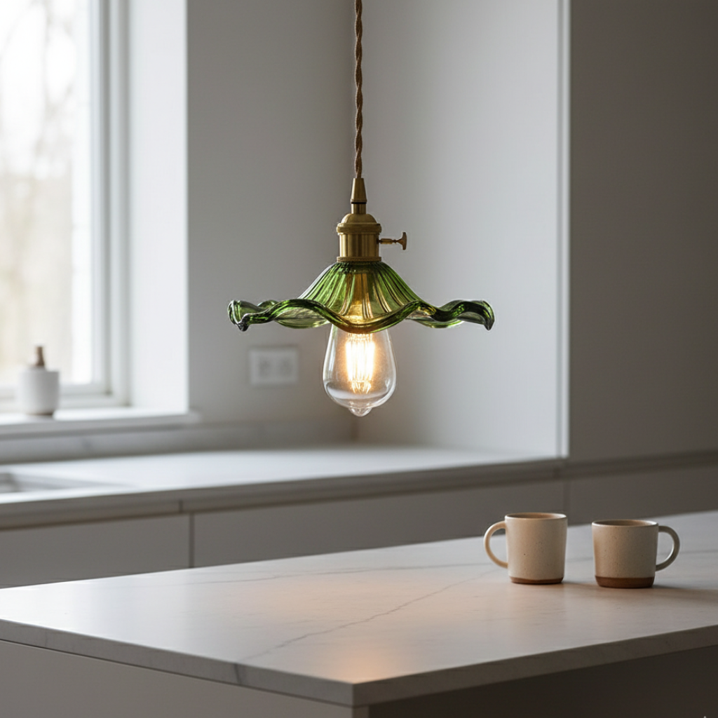 Lámpara colgante de pétalo con vidrio estriado y latón. Iluminación elegante, diseño floral para hogar.