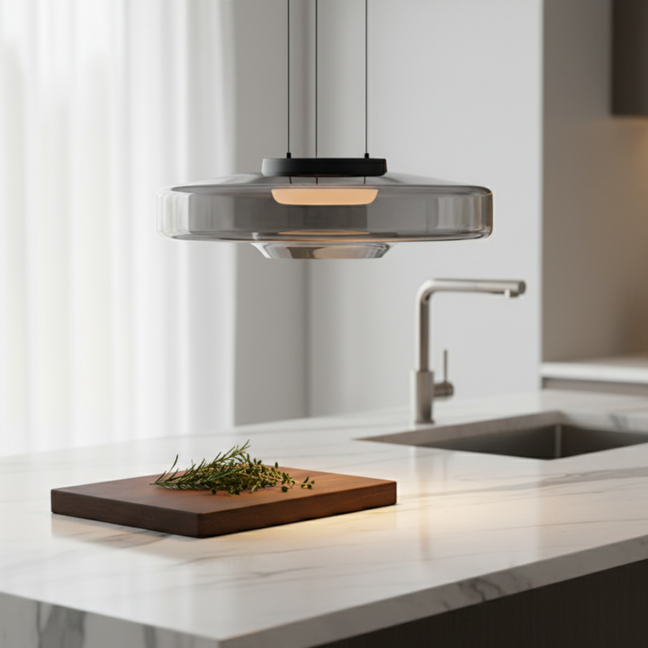 Lámpara colgante de vidrio dinámico, diseño moderno y luz en capas. Iluminación LED para decoración hogar.