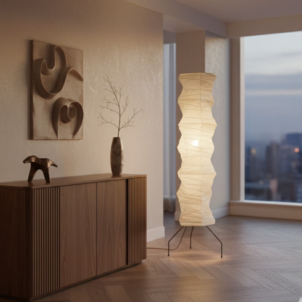 Lámpara de pie WabiSabi orgánica para salón, diseño japonés moderno. Iluminación serena y cálida.