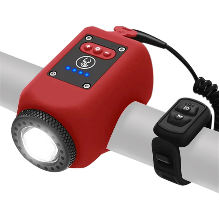 Bocina 110dB y luz delantera LED recargable para bicicleta, mejora seguridad y visibilidad en ciclismo nocturno.