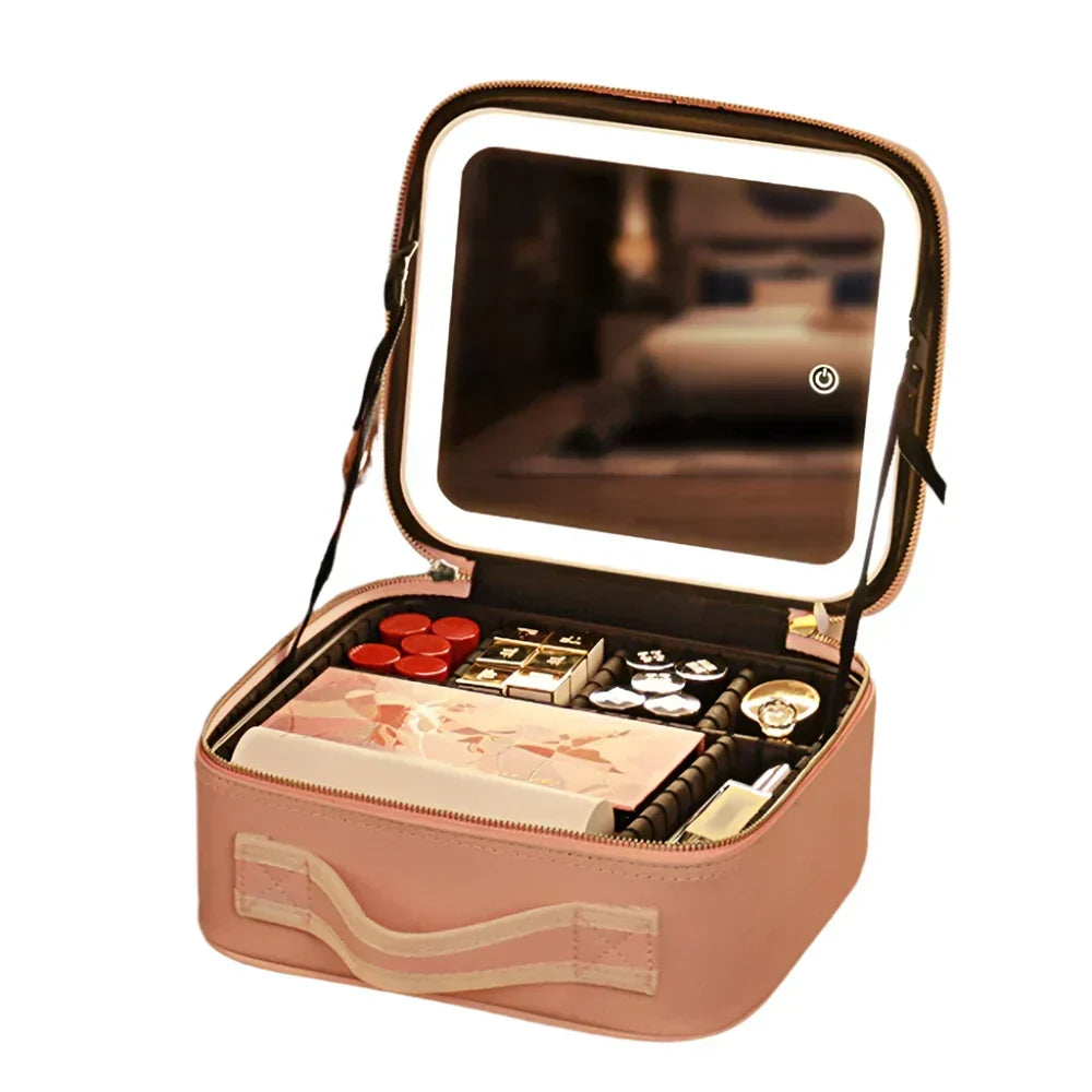 Regalo original: estuche de maquillaje portátil con espejo LED, organizador de belleza premium.