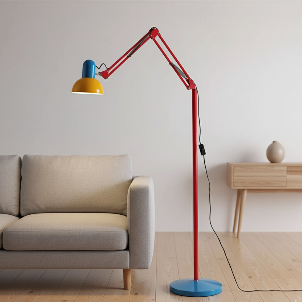 Lámpara de pie ajustable y moderna para salón, diseño vibrante y colorida.