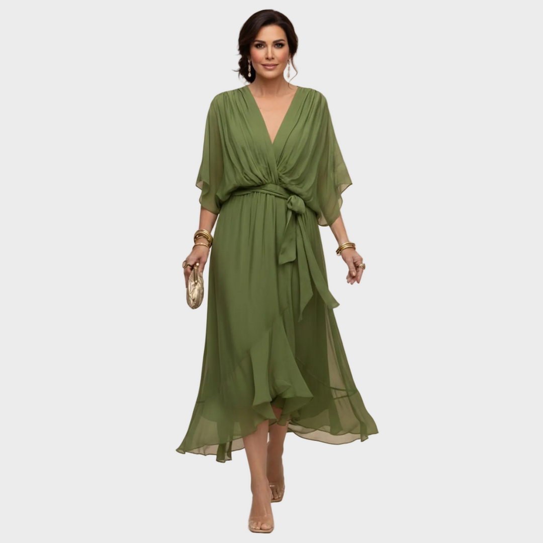 Vestido fluido de chifón para mujer con elegante escote en V, ideal para eventos de verano o fiesta.