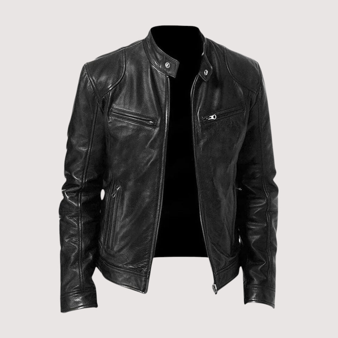 Chaqueta biker de cuero negro para hombre, diseño clásico y elegante, perfecta para un vestuario casual.