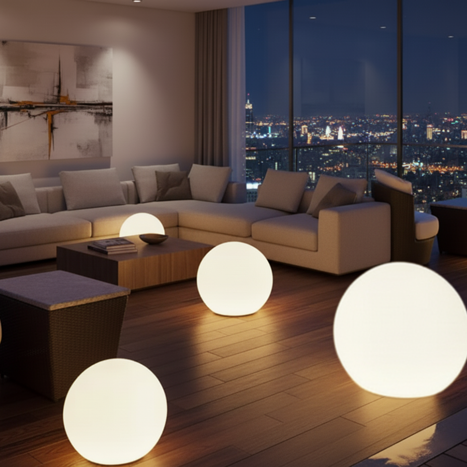Lámpara esférica SphereGlow con luz RGB, perfecta para crear atmósferas acogedoras.