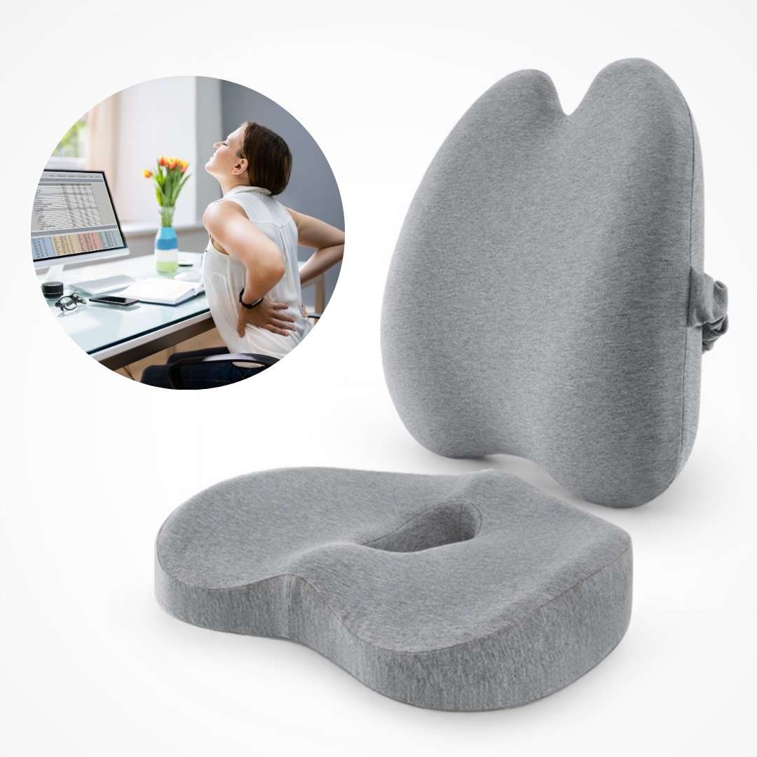 Cojín ortopédico ErgoEase para asiento y espalda, mejora la postura y alivia el dolor lumbar.