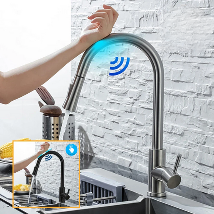 Grifo de cocina moderno de acero inoxidable con sensor inteligente sin contacto para hogar.