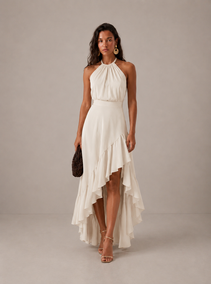Vestido de fiesta mujer blanco marfil con cuello halter y volantes asimétricos, ideal invitadas.