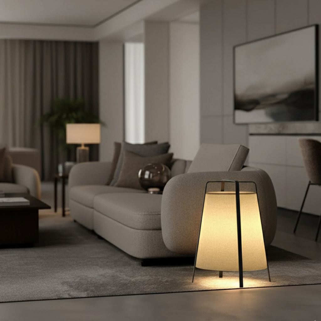 Set de lámparas pie y mesa, iluminación hogar con luz cálida y ambiente acogedor.
