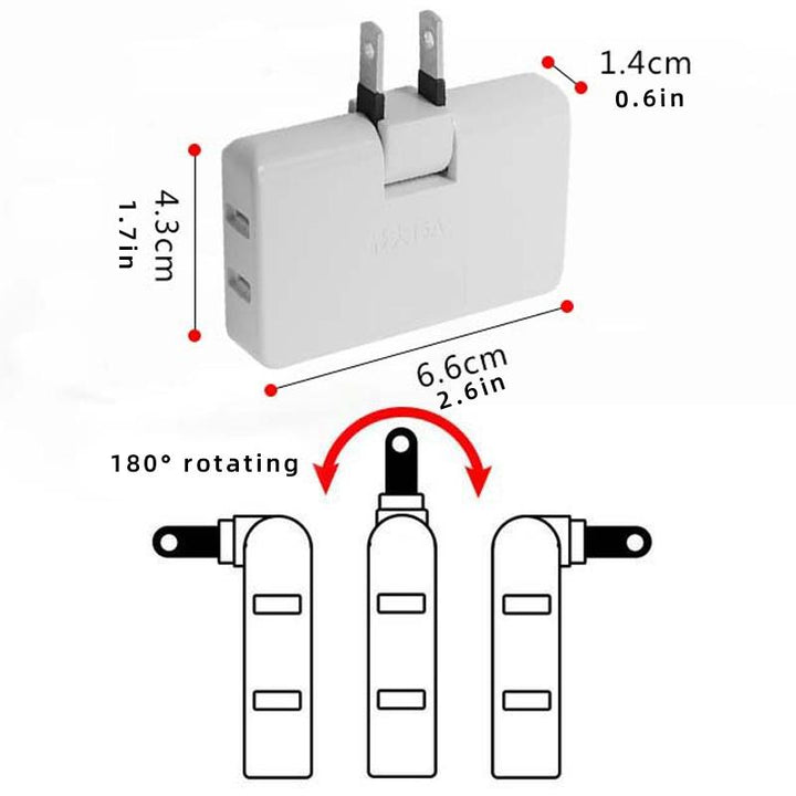 Adaptador de enchufe multipuerto giratorio 180° para oficina o viaje. Solución compacta blanca con 3 tomas.