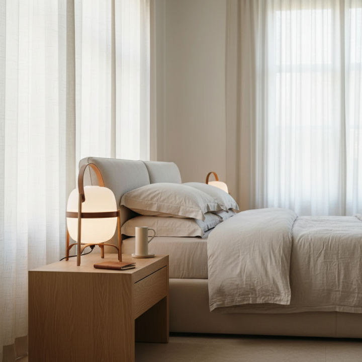 Lámpara de linterna vintage para dormitorio, sobre mesita de noche. Aporta iluminación suave y estilo clásico al hogar.