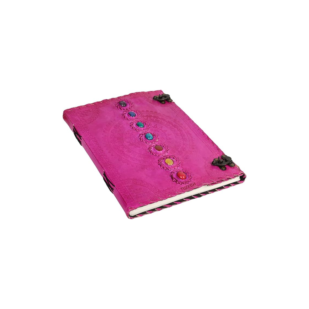 Diario de cuero rosa grande con mandala chakra, perfecto para bocetos, arte y expresión espiritual.