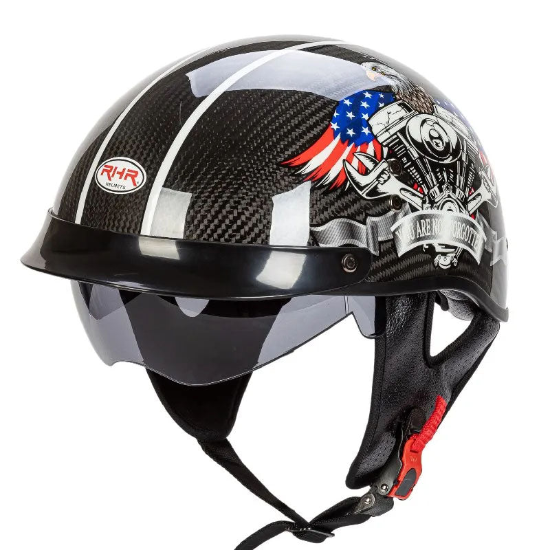 Casco abierto de moto retro, fibra de carbono, seguridad DOT/ECE, para un estilo vintage y protección.