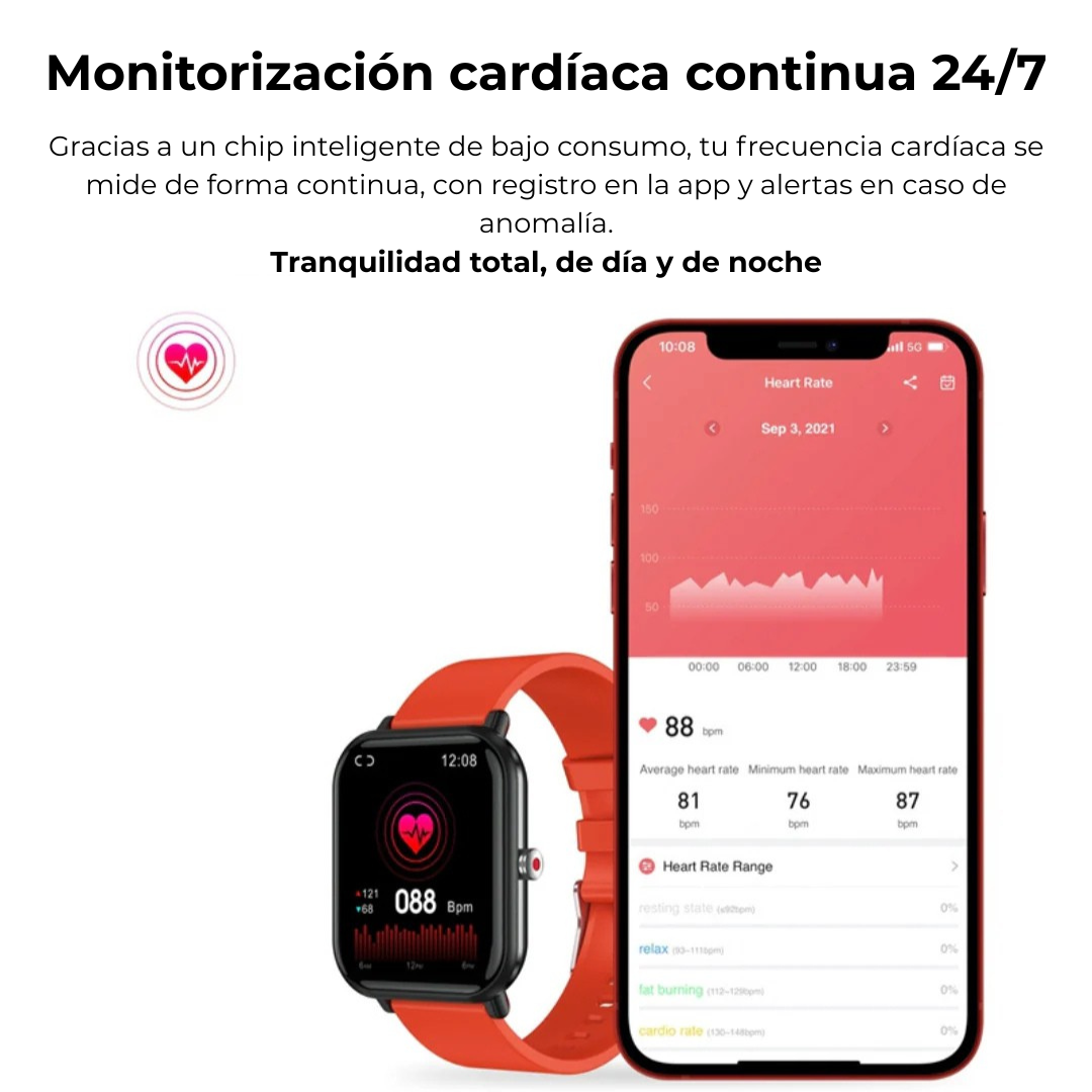Smartwatch avanzado: monitor de frecuencia cardíaca continuo. Tecnología para tu salud y actividad.