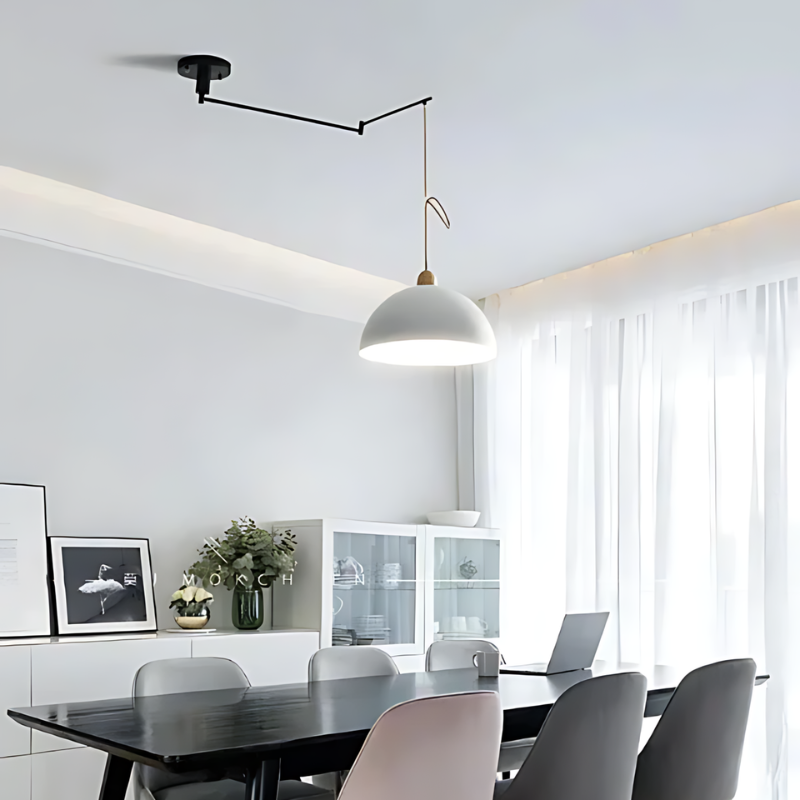 Lámpara colgante LED curvada moderna, ideal para iluminación de diseño en hogar u oficina. Ajustable.