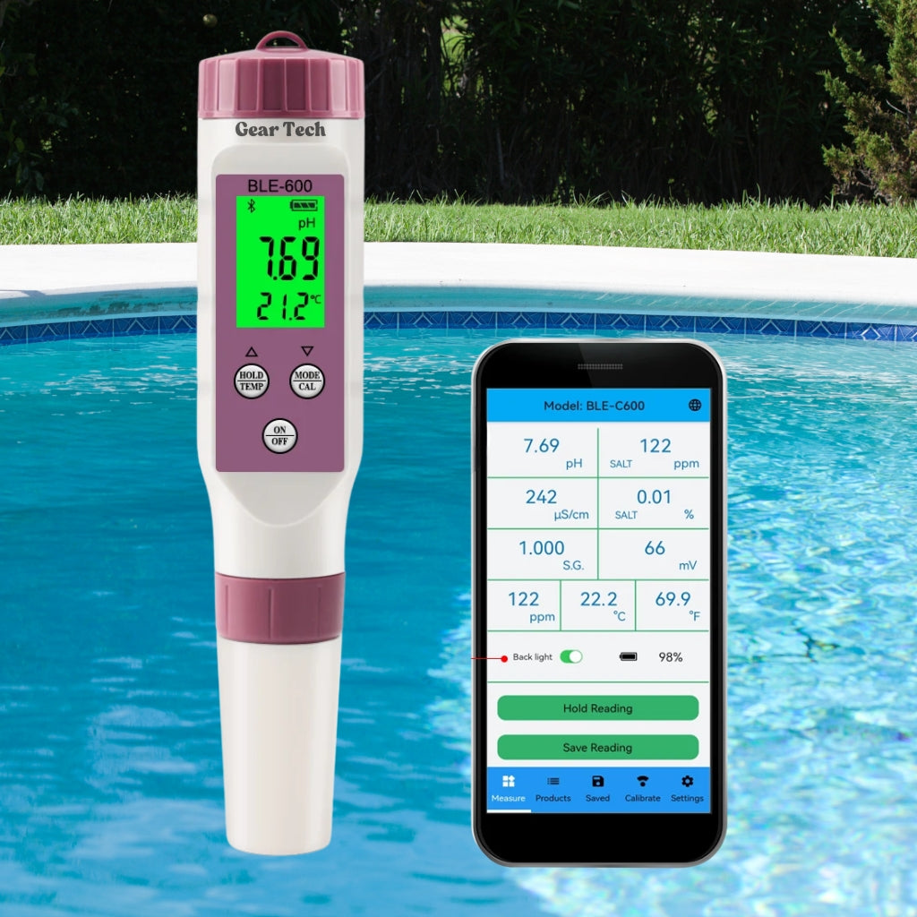 Tester digital 7 en 1 para piscinas con app móvil, mide pH, cloro y calidad del agua fácilmente.