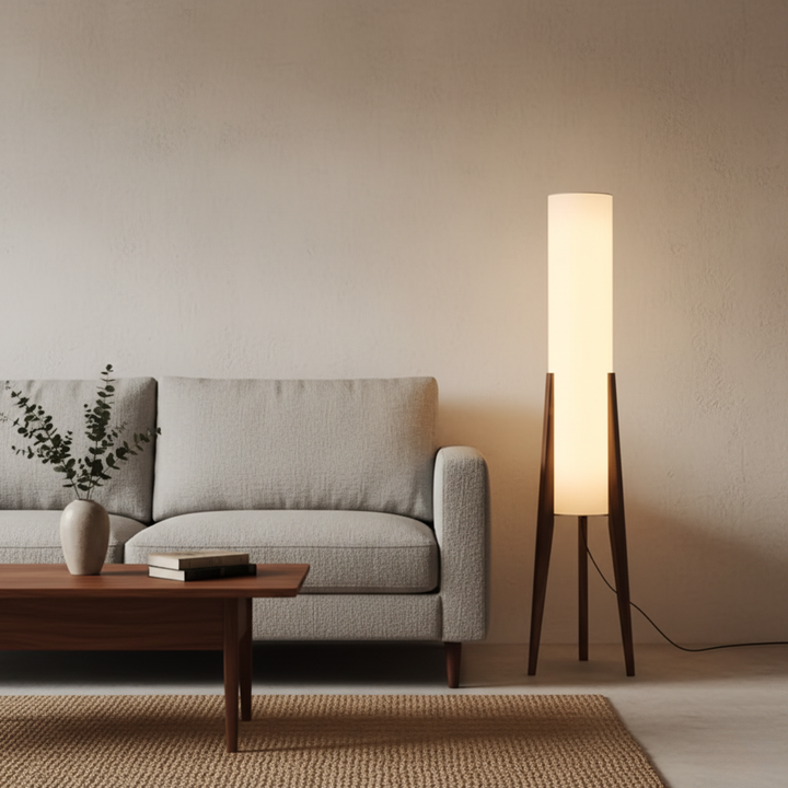 Lámpara de pie LED regulable, nogal, estilo nórdico. Crea un ambiente acogedor para lectura en sala.
