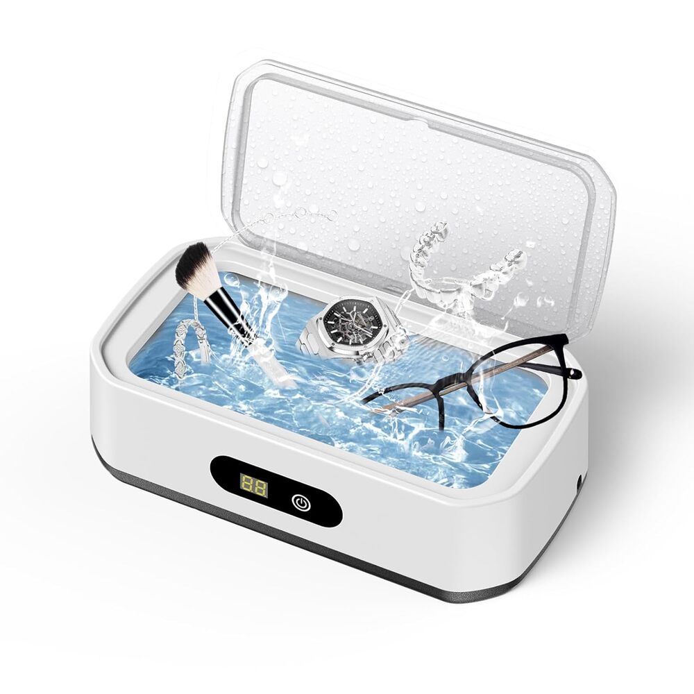 Limpiador ultrasónico profesional para joyas y gafas, elimina suciedad y restaura brillo.