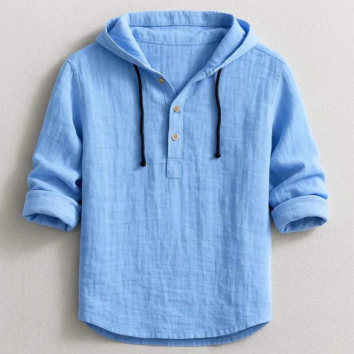 Camisa de lino para hombre azul claro con capucha. Estilo casual elegante, transpirable. Ideal para verano y primavera.