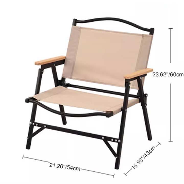 Mueble de exterior minimalista: silla plegable caqui con apoyabrazos para camping y jardín.