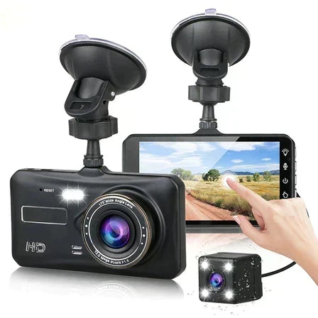 Cámara dash doble 1080p para auto, gran angular, con visión nocturna y sensor G para seguridad vial.