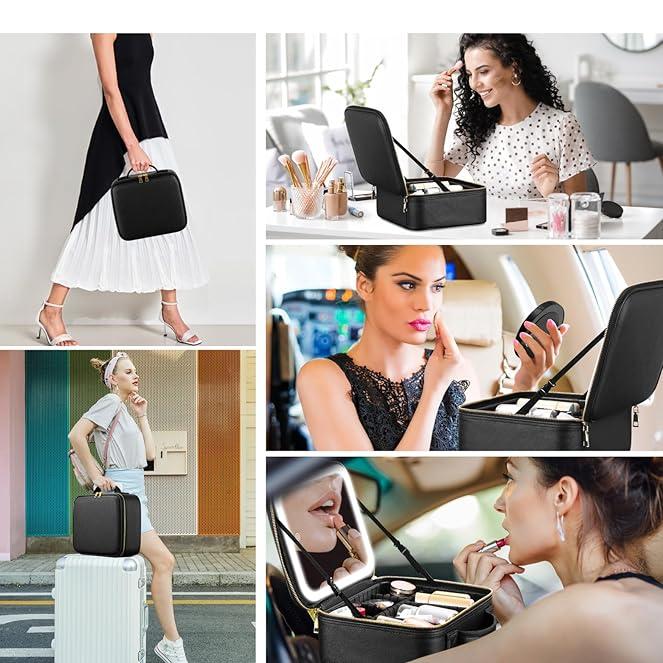 Estuche de maquillaje portátil con luz LED, ideal para retoques rápidos y maquillaje diario.