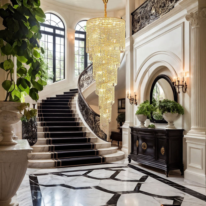 Lujoso candelabro Ardmore colgante para escaleras, diseño moderno con cristales y acabados oro/cromo.