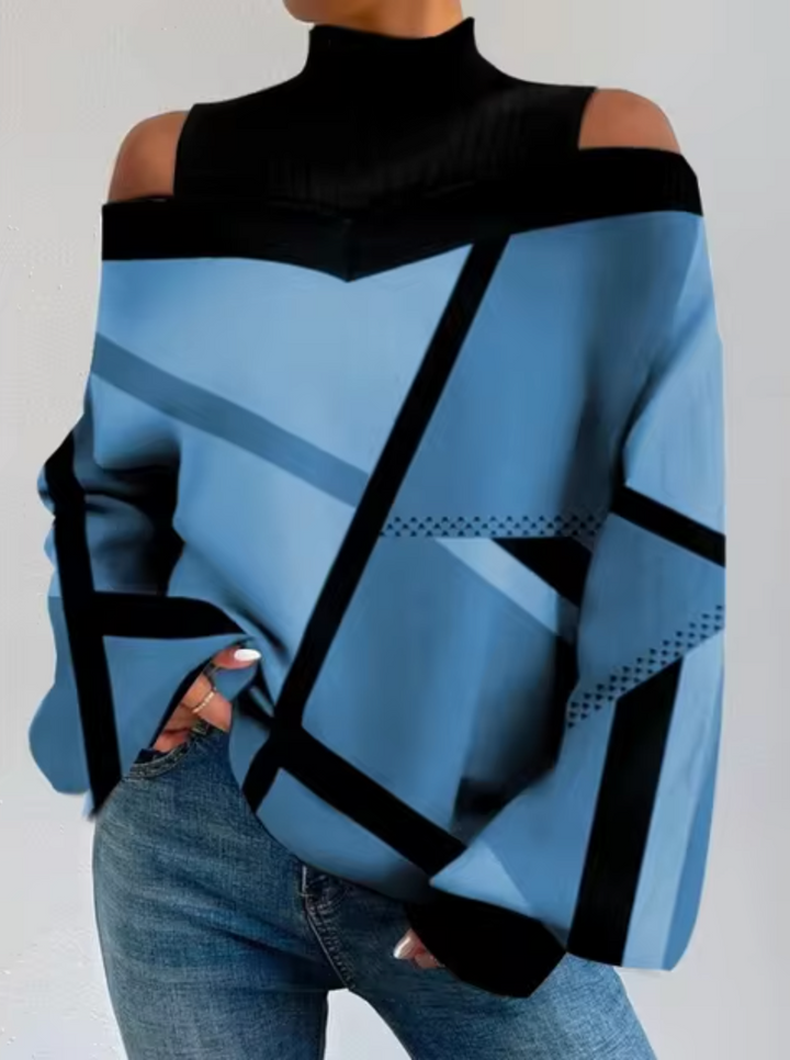 Blusa off-shoulder de mujer con cuello alto y manga larga. Prenda elegante y ajustada para moda femenina.