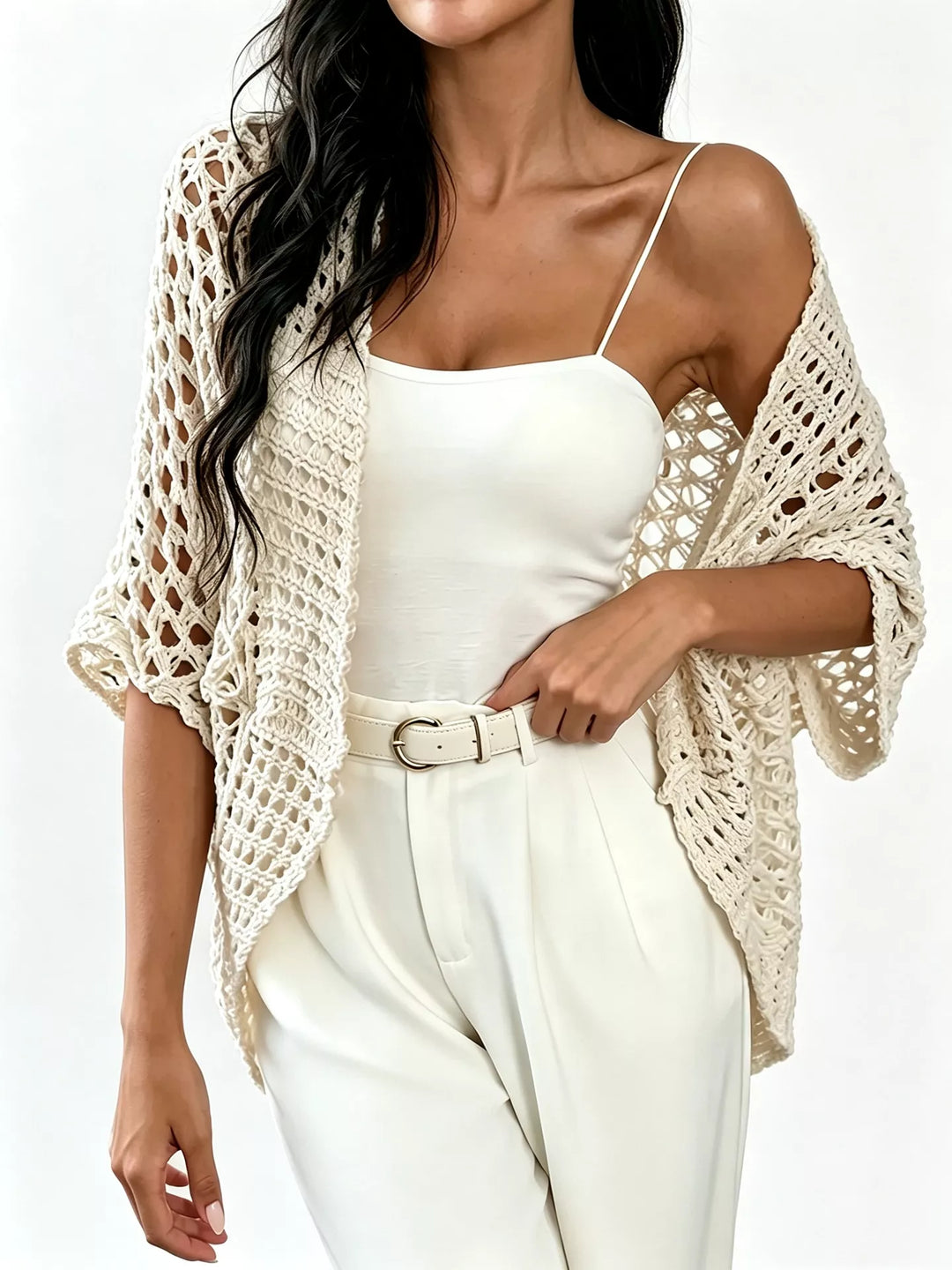 Cárdigan de crochet abierto para mujer, estilo bohemio versátil, ideal para primavera y verano.