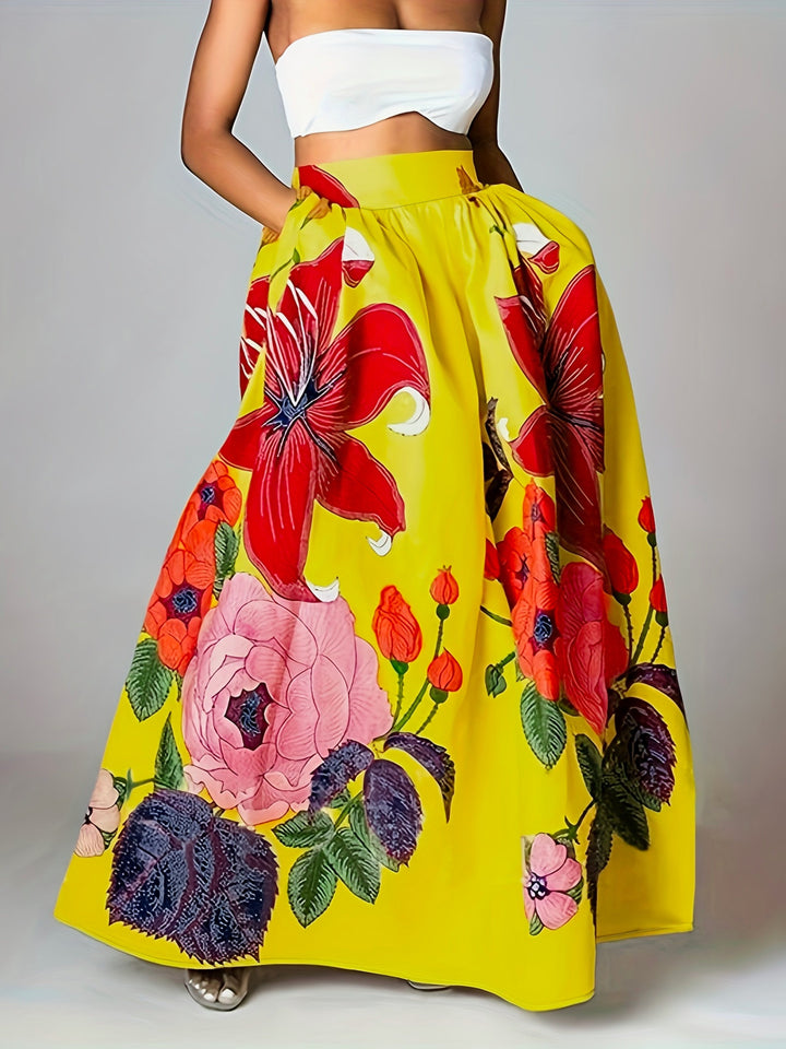 Falda floral larga de mujer con cintura alta. Diseño elegante y casual, perfecta para el verano.
