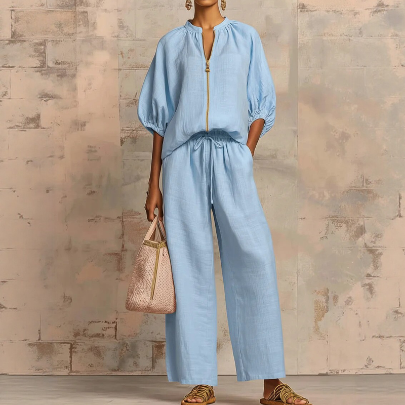 Pantalón fluido de mujer de pierna ancha y blusa a juego. Conjunto elegante y cómodo para un look casual de verano.