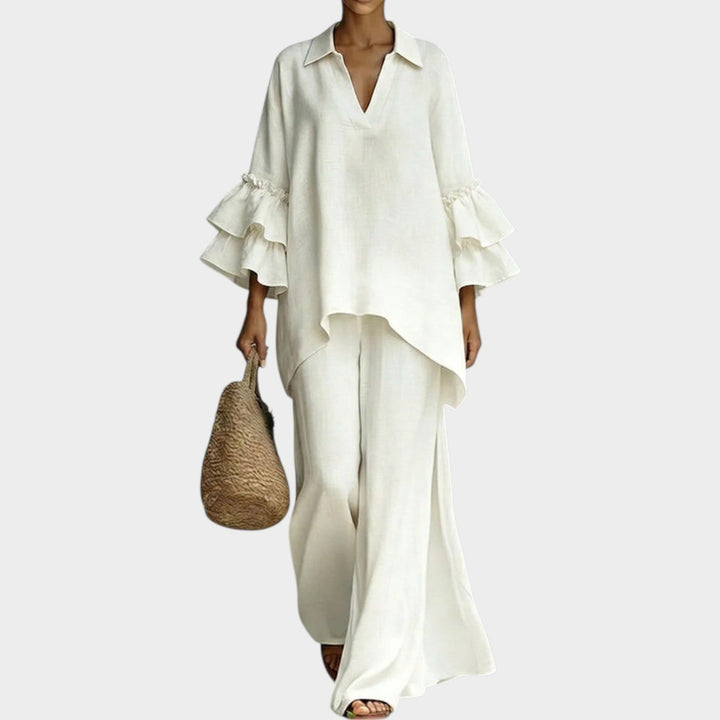 Conjunto Leire elegante de dos piezas para mujer: top suelto y pantalón ancho fluido. Ideal para verano y moda casual cómoda.