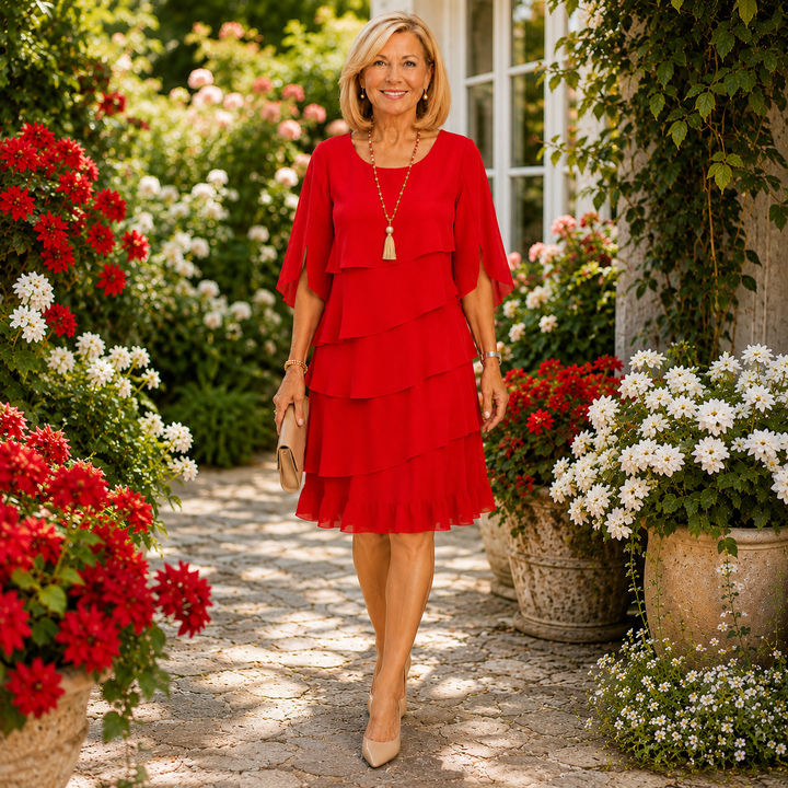 Vestido rojo veraniego de mujer con manga fluida y detalles de volantes, muy chic y fresco.