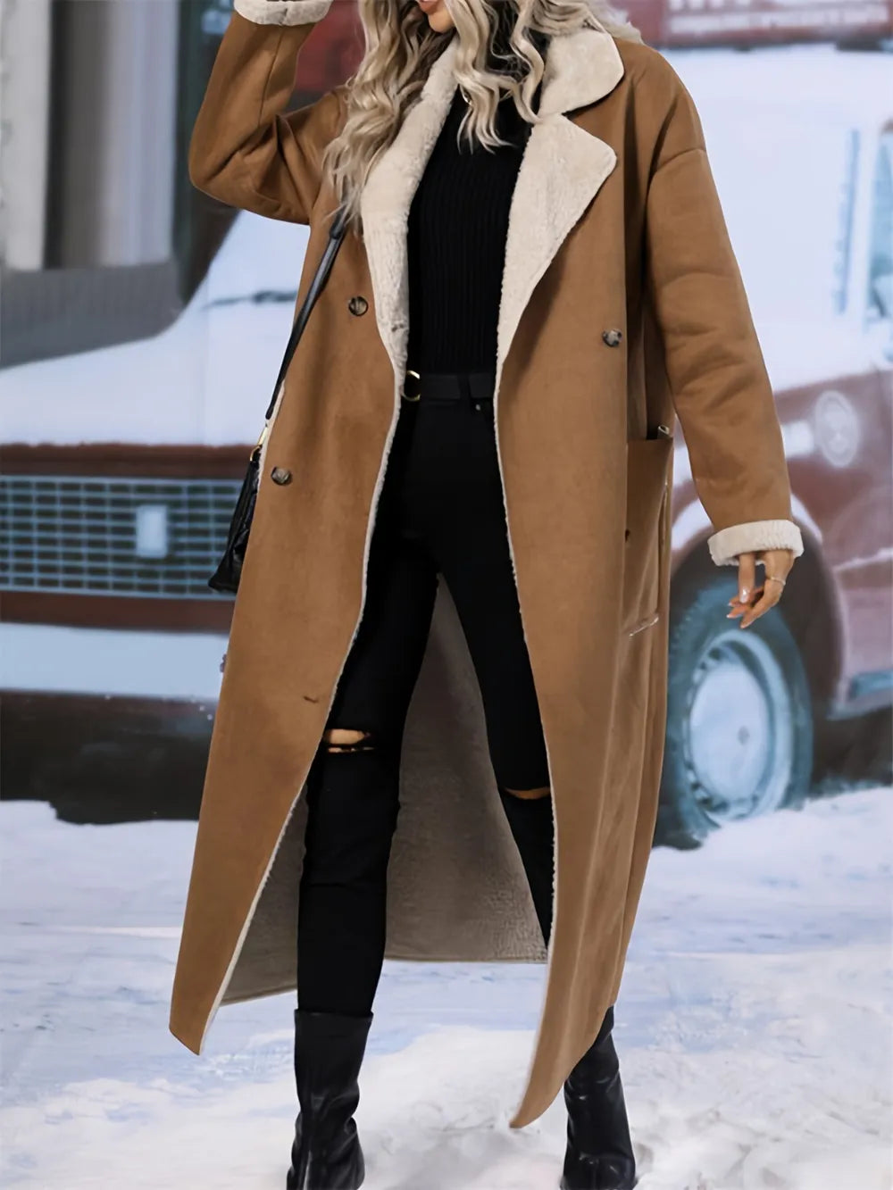 Abrigo largo sherpa oversize para mujer, cálido para invierno. Estilo borreguito cómodo y moda femenina.