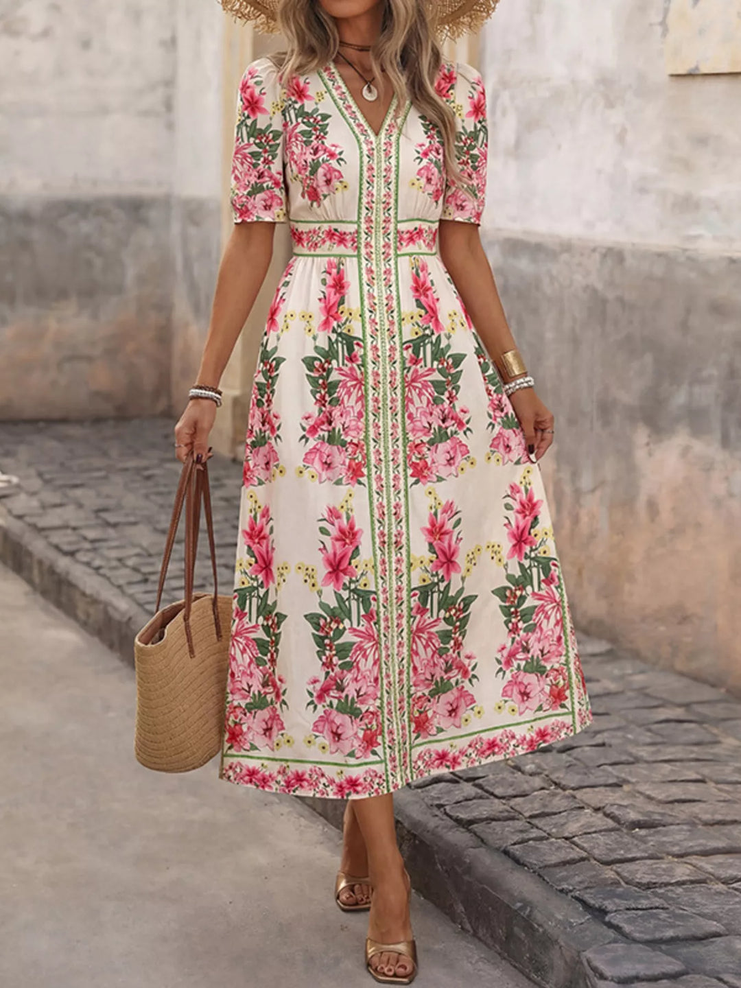 Vestido midi floral fucsia de cuello en V para mujer, ideal para primavera y verano.