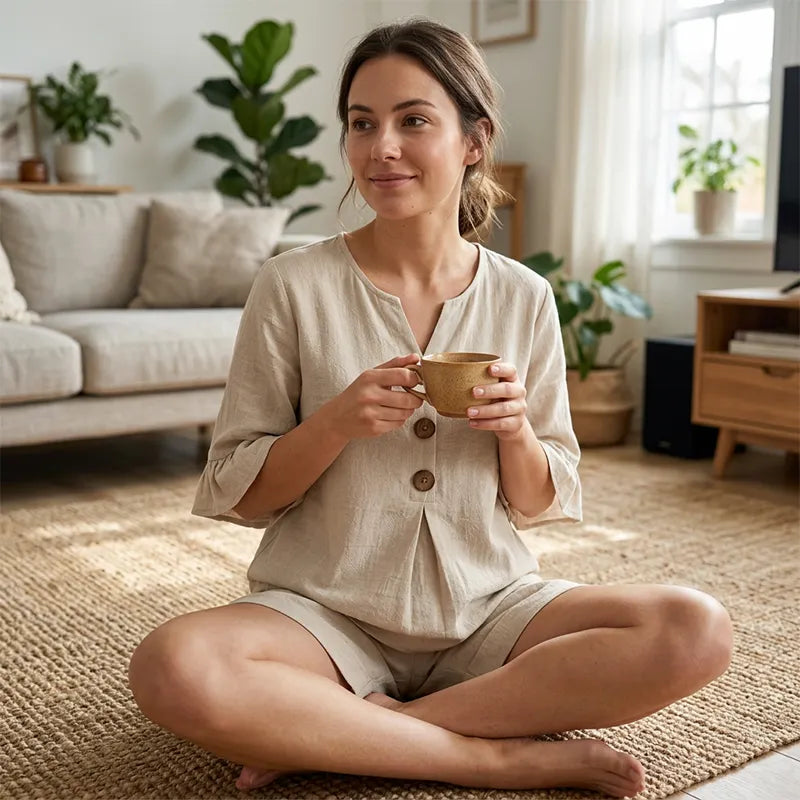 Estilo veraniego y casual: conjunto de blusa cómoda y shorts para mujer, ideal para el relax.