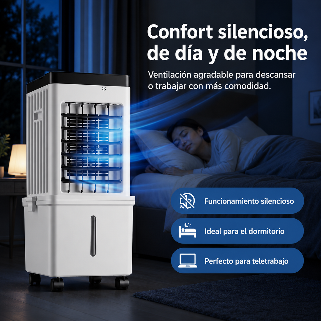 Moderno aire acondicionado portátil para oficina o dormitorio. Compacto, fresco y fácil de mover.