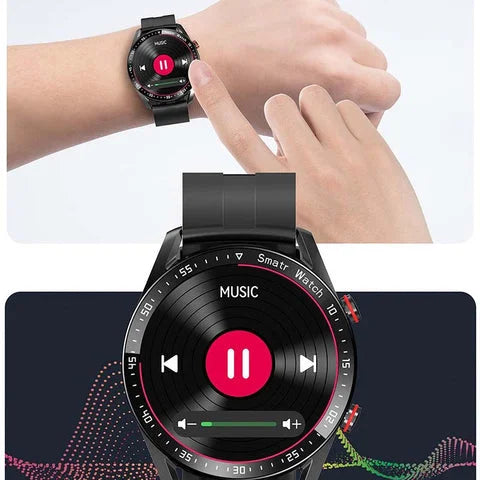 Pantalla de smartwatch mostrando niveles de glucosa, ritmo cardíaco, presión arterial y oxígeno en sangre.