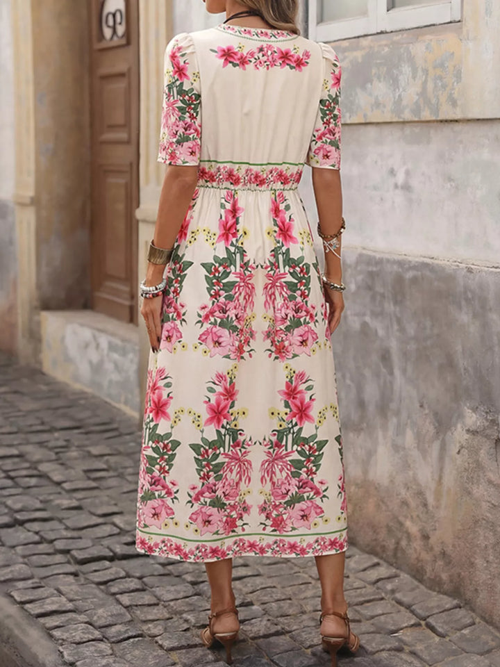 Vestido midi floral para mujer con cuello en V, un toque chic para eventos de verano.