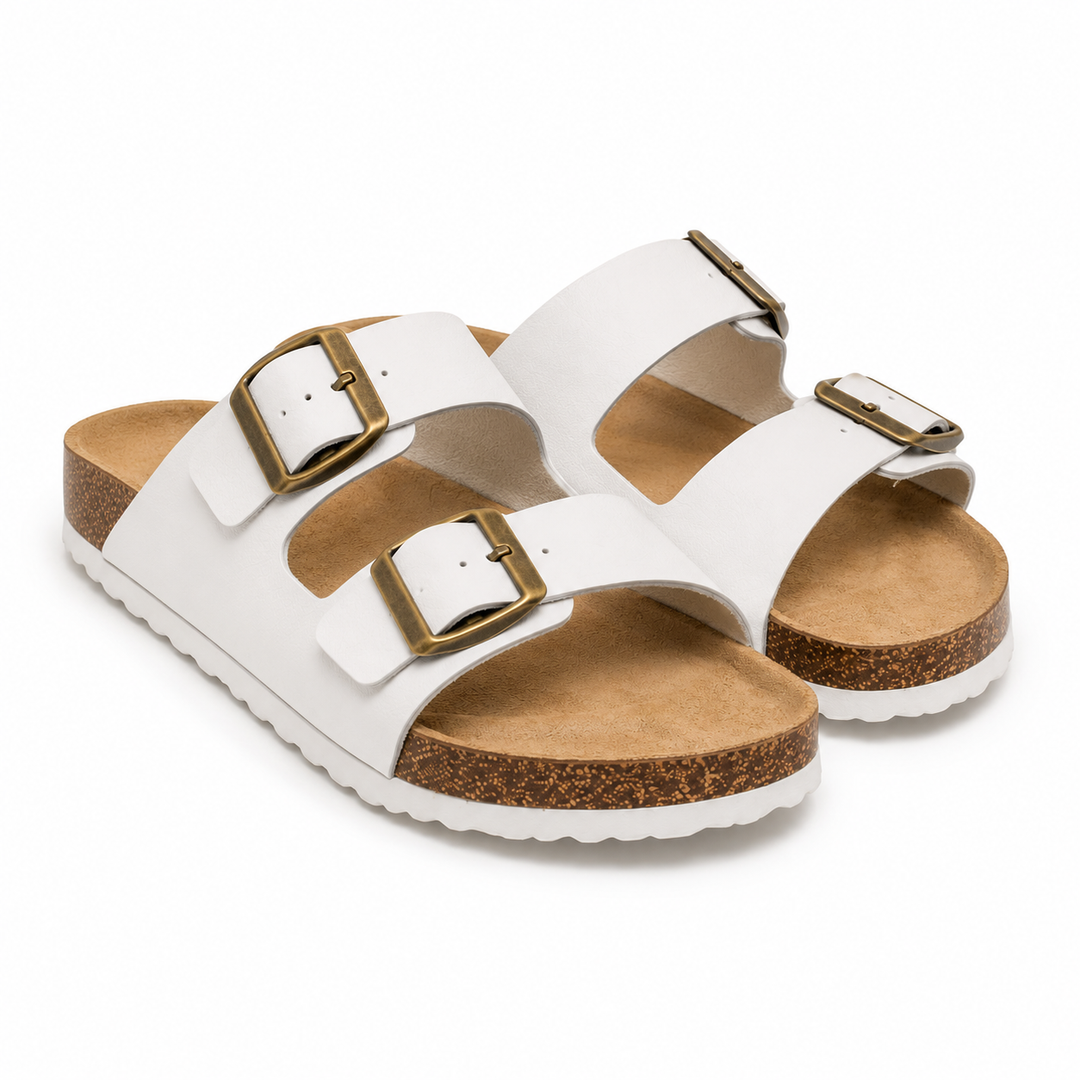 Sandalias unisex blancas con doble hebilla ajustable para confort diario. Ideales para verano y estilo casual.