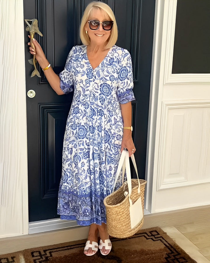 Vestido floral elegante mujer. Cuello V acampanado, línea A. Ideal para verano y fiesta.