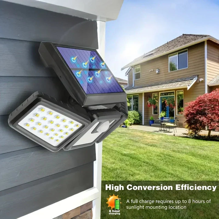 Foco LED solar para jardín, ilumina plantas y senderos, con sensor de movimiento de seguridad.