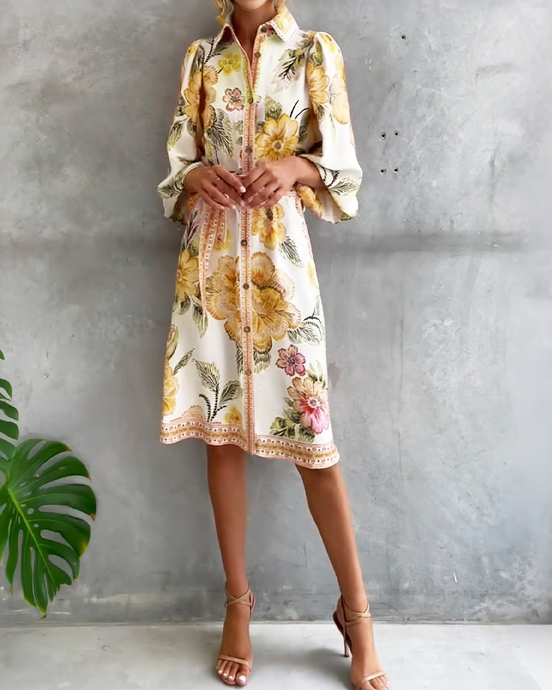 Vestido casual floral con botones, mangas farol, perfecto para un outfit de verano.