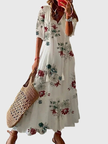 Vestido de verano maxi boho floral para mujer, estilo playero y elegante con escote V fluido.