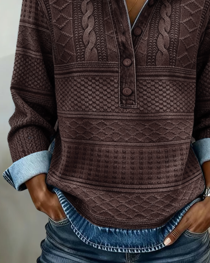Prenda cómoda: Sudadera hombre texturizada con cuello denim, medio botón, perfecta para el invierno.
