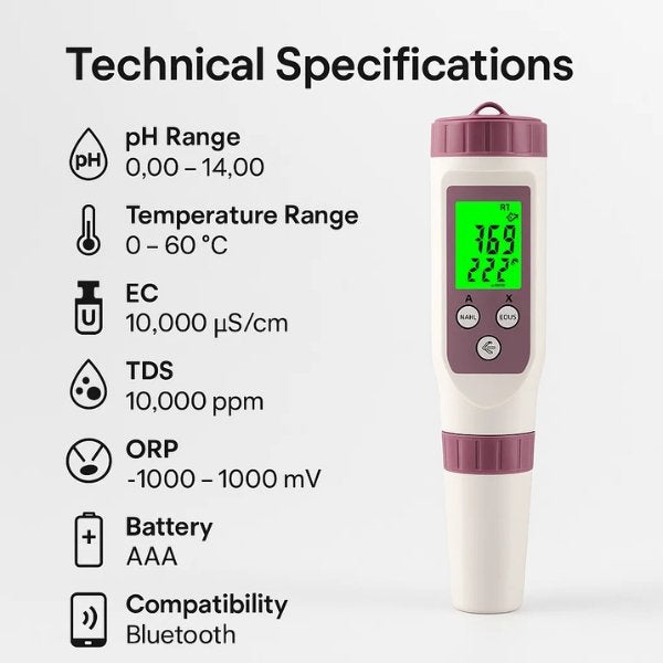 Persona utilizando el tester digital 7 en 1 para analizar la calidad del agua de su piscina.