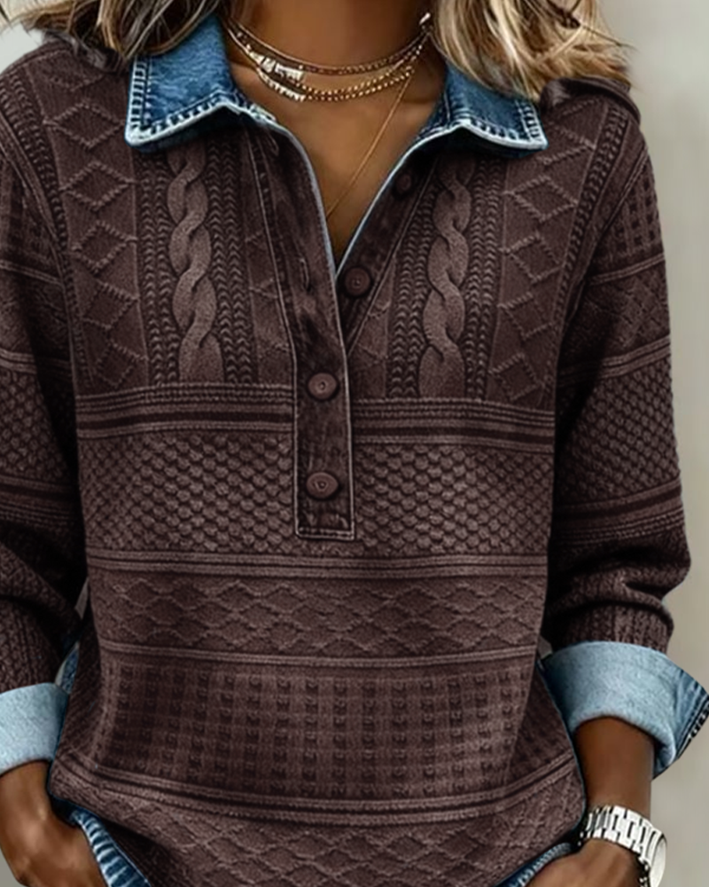Sudadera de hombre con cuello denim y medio botón, un toque casual y elegante para el otoño.